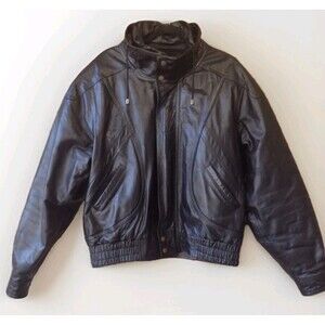 Vintage MAGUS Leather Bomber Jacket XL Black 80s 90s Streetwear Brass Rare